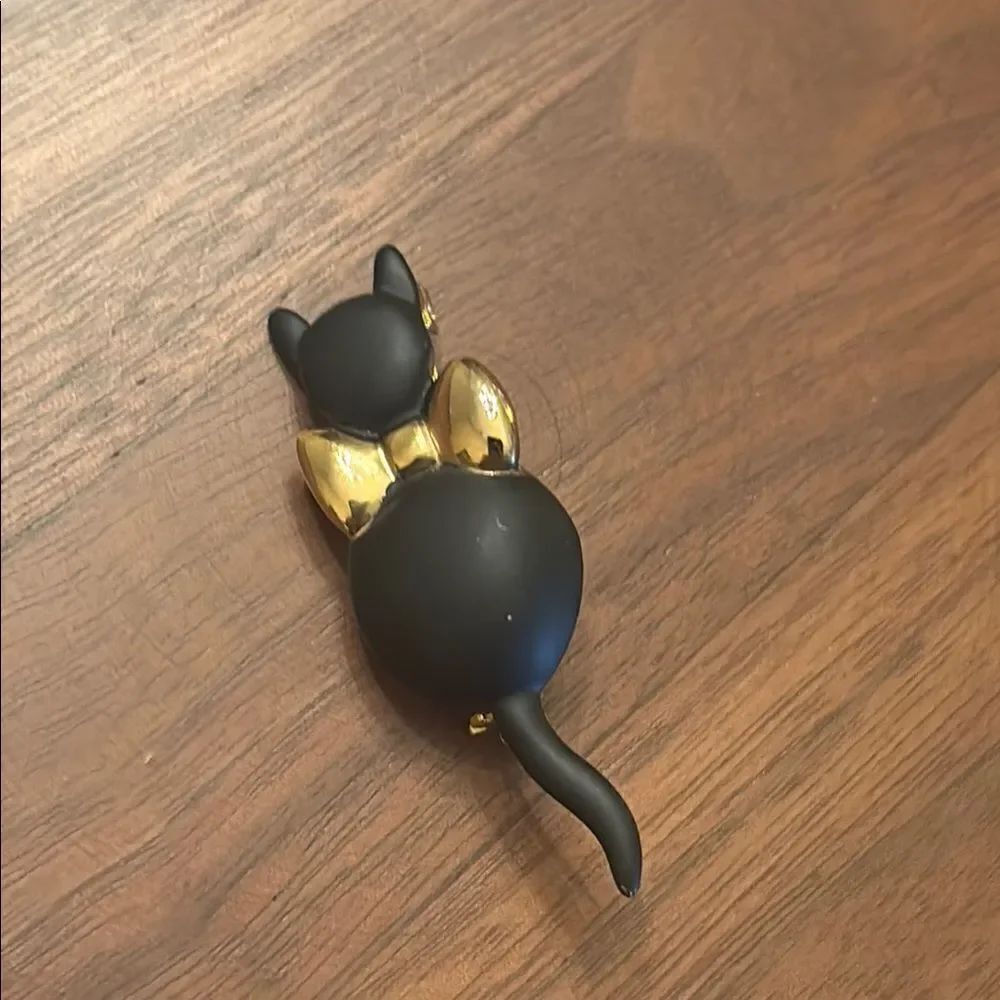 Matte Black Cat Brooch with Gold Bow